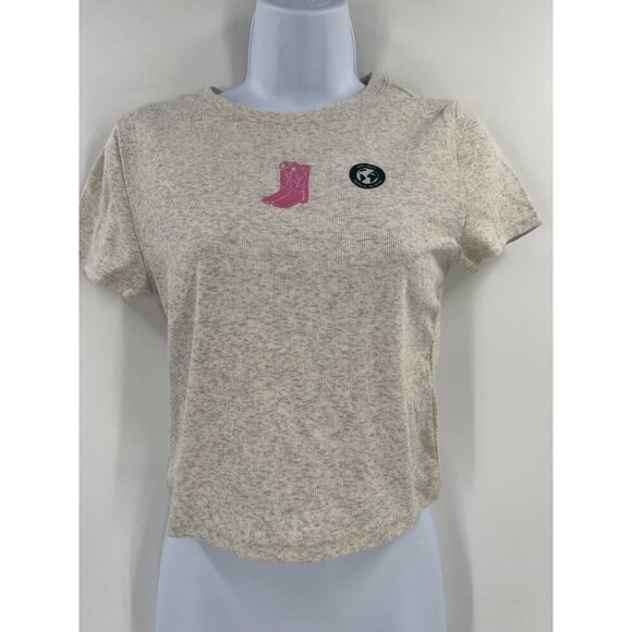 Aeropostale Seriously Soft Baby Tee L Beige Pink Embroidered Cowboy Boot Graphic - Picture 4 of 11